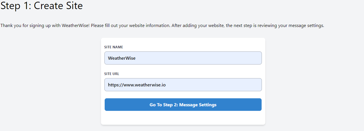 Create site in WeatherWise control panel